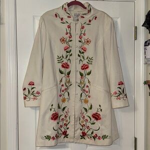 White and Pink Floral Vintage Embroidered Spring Trench Coat